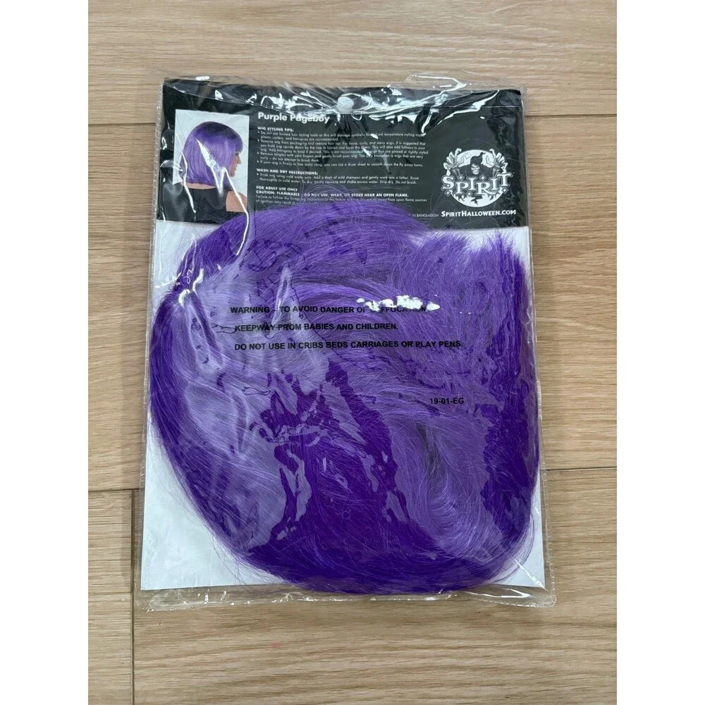 Spirit Halloween Purple Pageboy Wig With Bangs Short Bob Neon Violet Cosplay